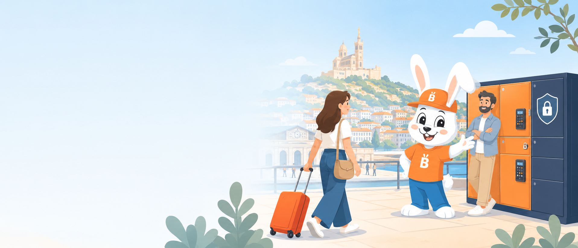 Casier à clés connecté Baggy's pour conciergerie à Marseille : le lapin Baggy's accueille un voyageur devant la consigne sécurisée, Notre-Dame de la Garde en arrière-plan