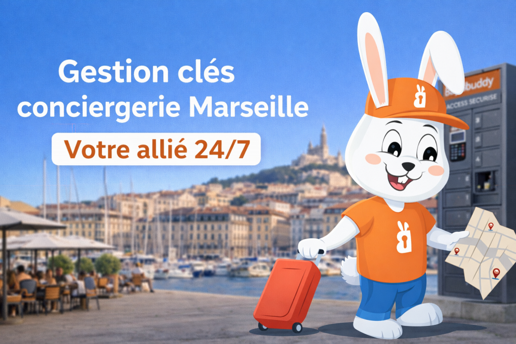 Gestion clés conciergerie Marseille avec mascotte Baggy's devant le Vieux-Port, solution sécurisée 24/7 pour locations courte durée
