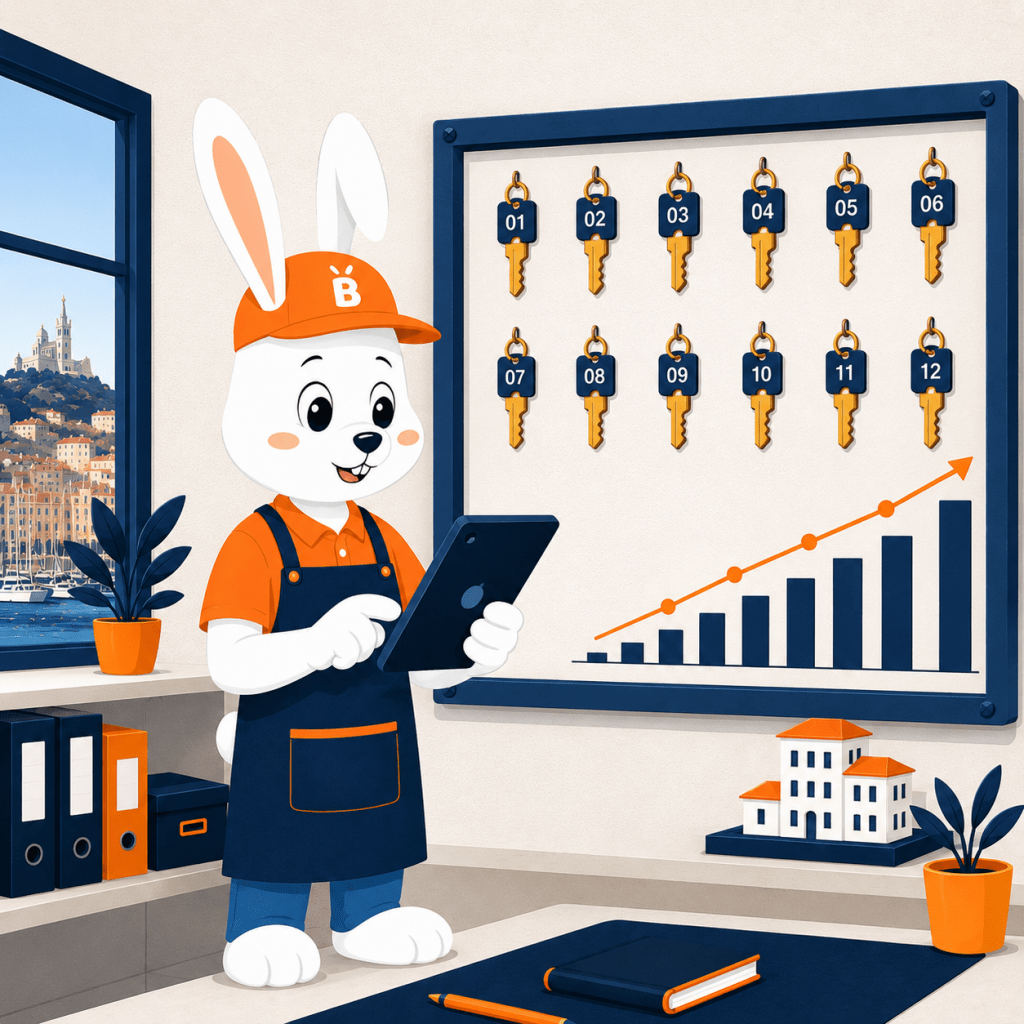 Buddy le lapin Baggy's gère un mur de casiers à clés numérotés pour conciergeries