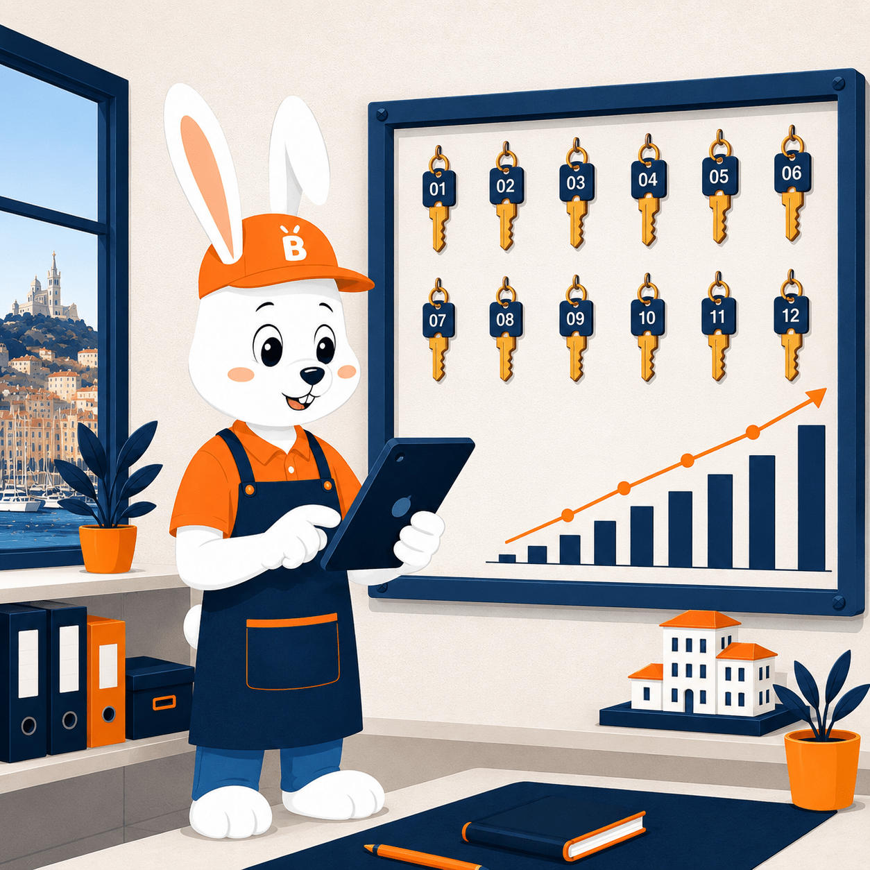 Buddy le lapin Baggy's gère un mur de casiers à clés numérotés pour conciergeries