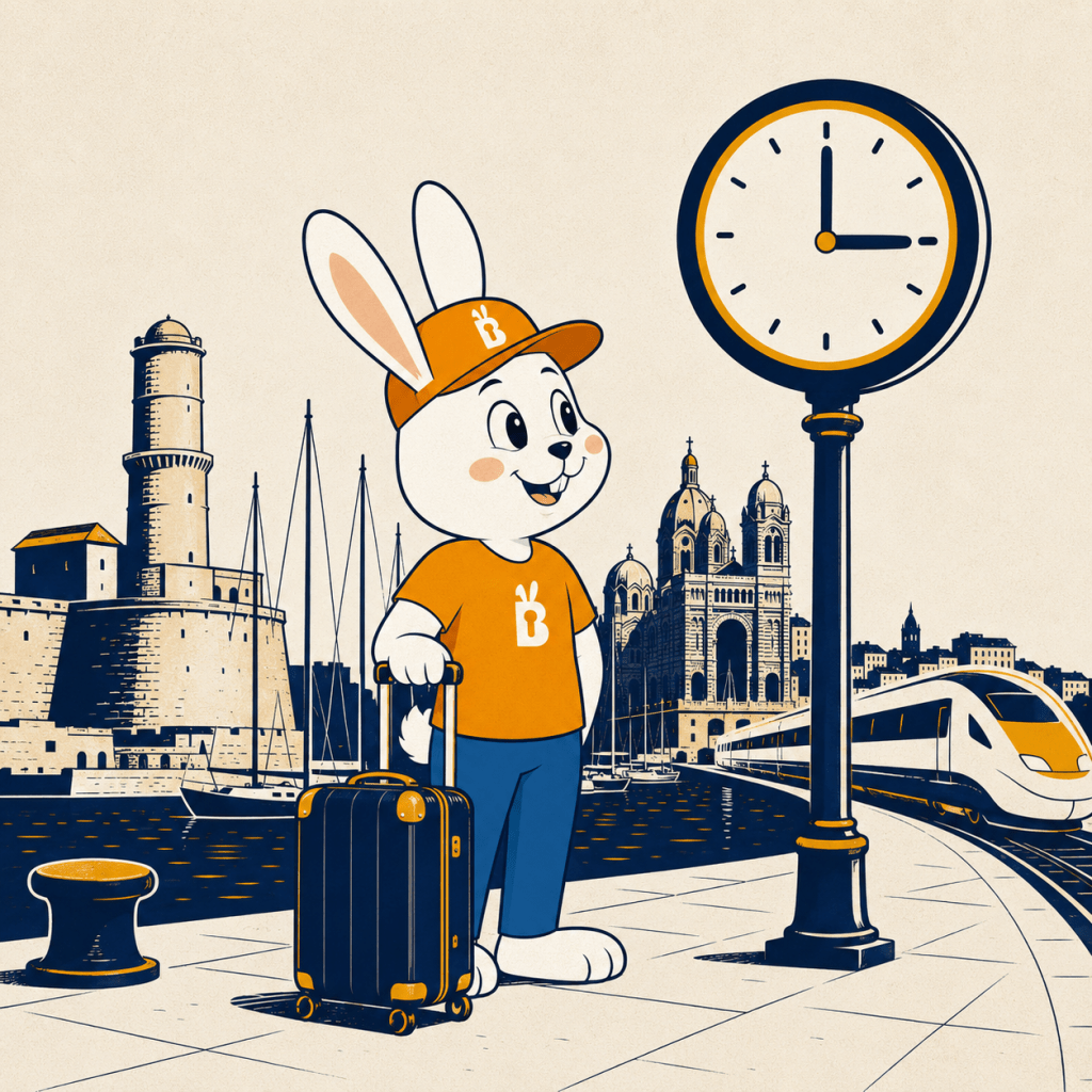 Buddy le lapin Baggy's entre check-out et train au Vieux-Port de Marseille